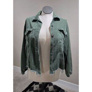 Green Corduroy Cropped Button-Up Jacket With Raw Hem & Front Pockets By POL SM